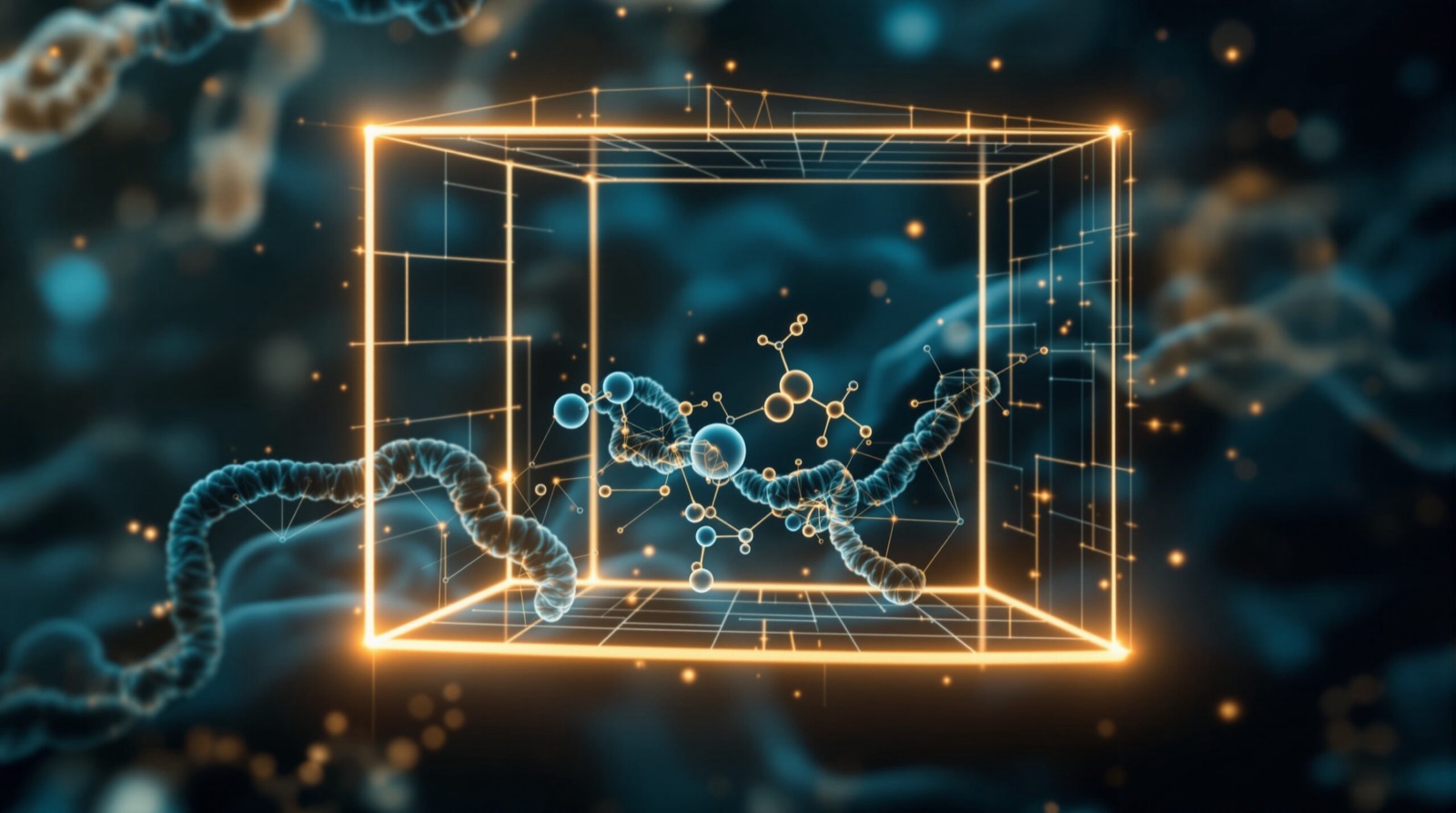 A docking search box rendered as a golden wireframe around a ligand, with a teal DNA helix behind