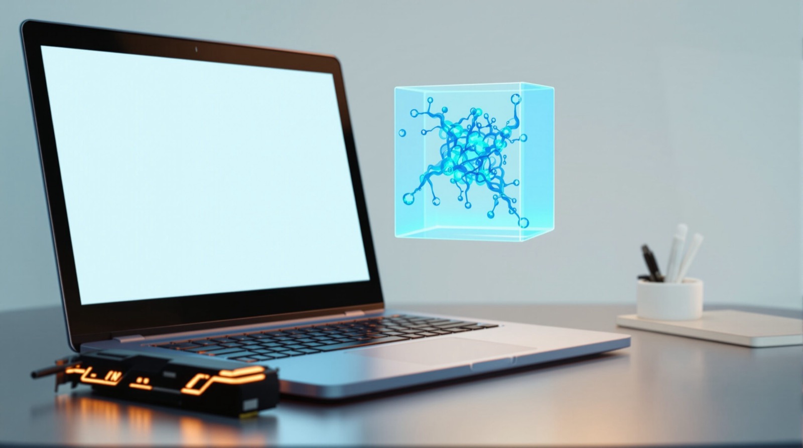 A laptop beside a holographic cube of molecules on a bright desk