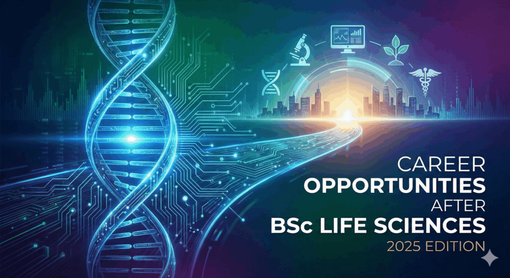 Futuristic illustration showing a DNA strand on a circuit board path leading to a city with science and medical icons, with text "Career Opportunities After BSc Life Sciences 2025 Edition". This image represents the future career landscape for life science graduates
