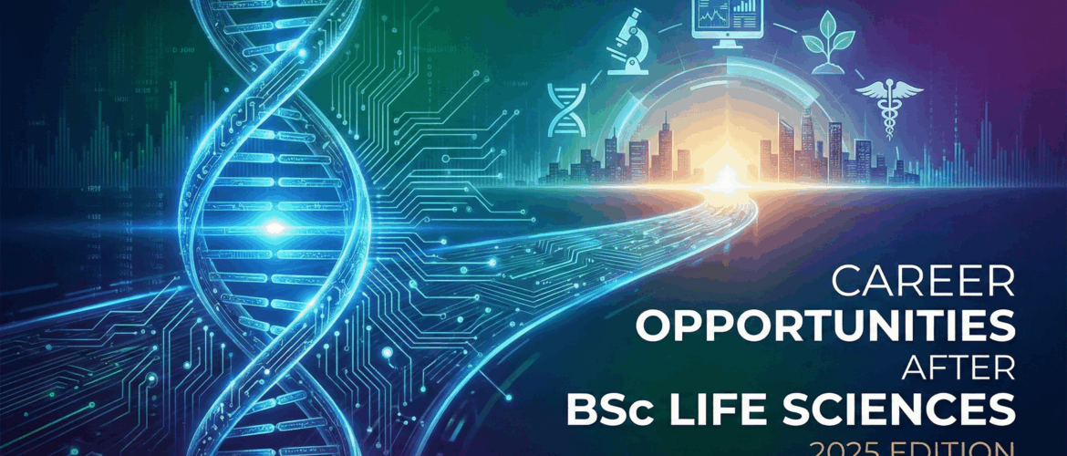 Futuristic illustration showing a DNA strand on a circuit board path leading to a city with science and medical icons, with text "Career Opportunities After BSc Life Sciences 2025 Edition". This image represents the future career landscape for life science graduates