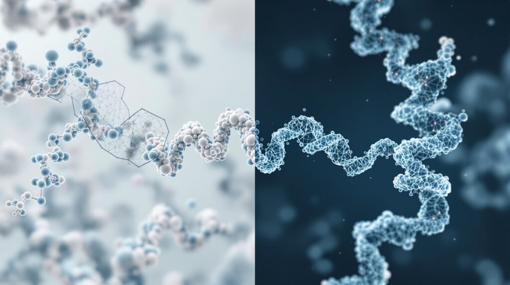 a split scientific scene: a static protein-ligand docking pose on the left and a flowing m