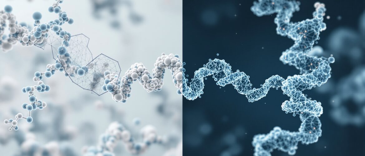 a split scientific scene: a static protein-ligand docking pose on the left and a flowing m