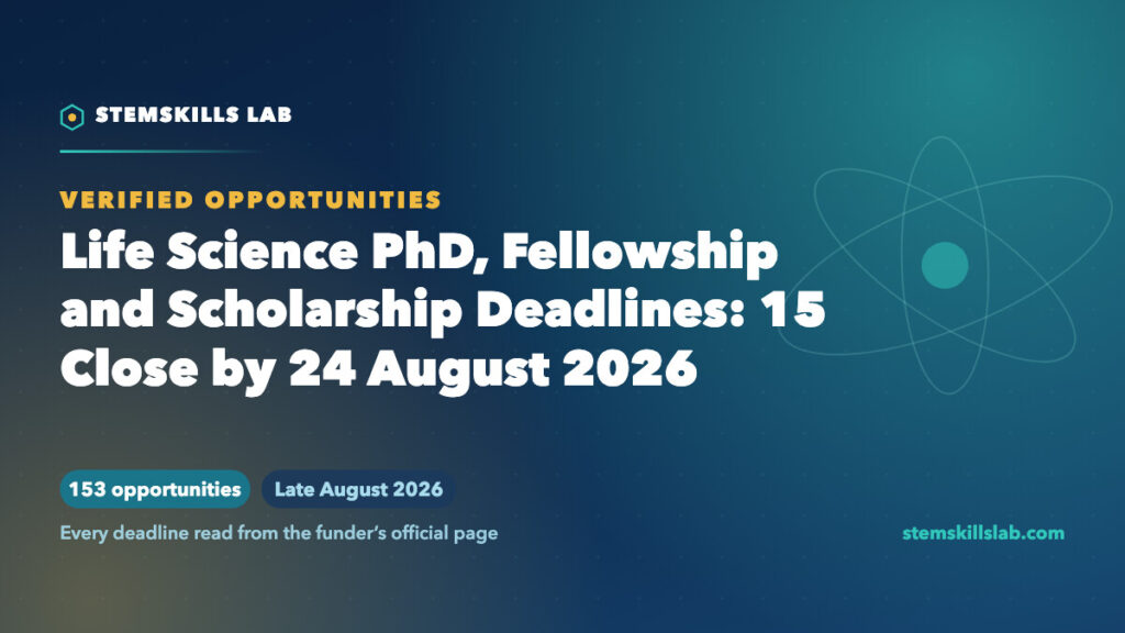 Life Science PhD, Fellowship and Scholarship Deadlines: 15 Close by 24 August 2026