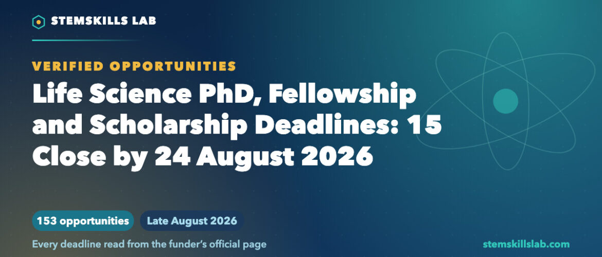 Life Science PhD, Fellowship and Scholarship Deadlines: 15 Close by 24 August 2026