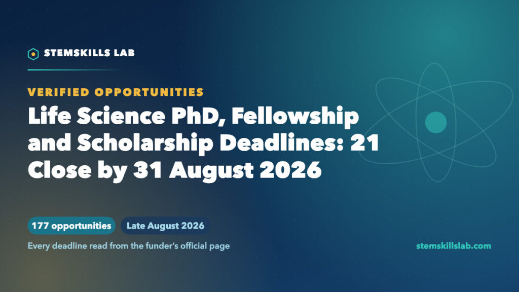 Life Science PhD, Fellowship and Scholarship Deadlines: 21 Close by 31 August 2026