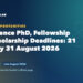 Life Science PhD, Fellowship and Scholarship Deadlines: 21 Close by 31 August 2026