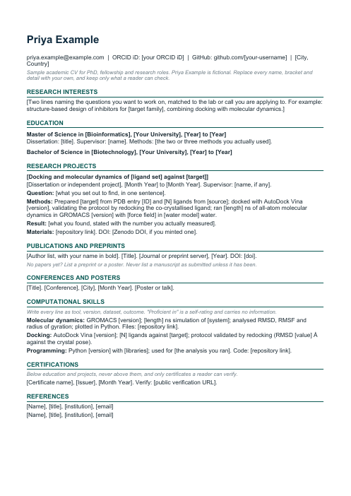 First page of the academic CV template