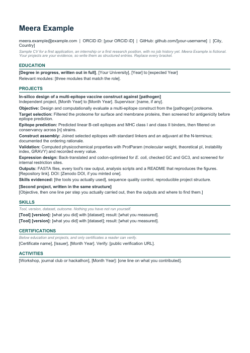 First page of the first-application CV template