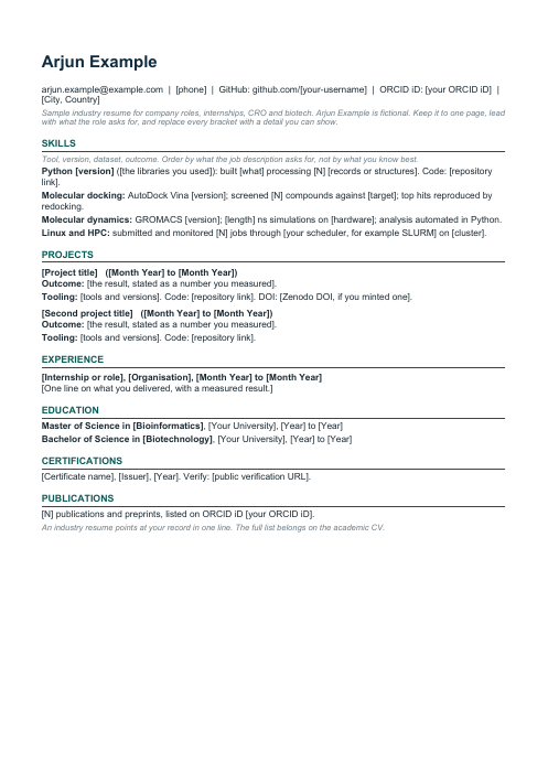 First page of the industry resume template