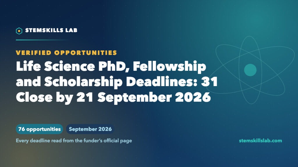 Life Science PhD, Fellowship and Scholarship Deadlines: 31 Close by 21 September 2026