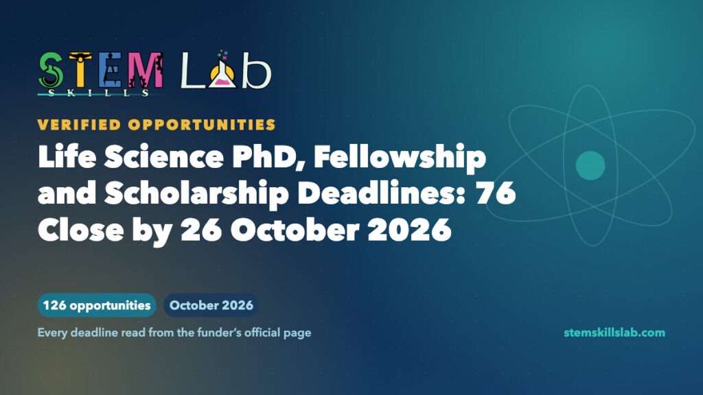 Life Science PhD, Fellowship and Scholarship Deadlines: 76 Close by 26 October 2026